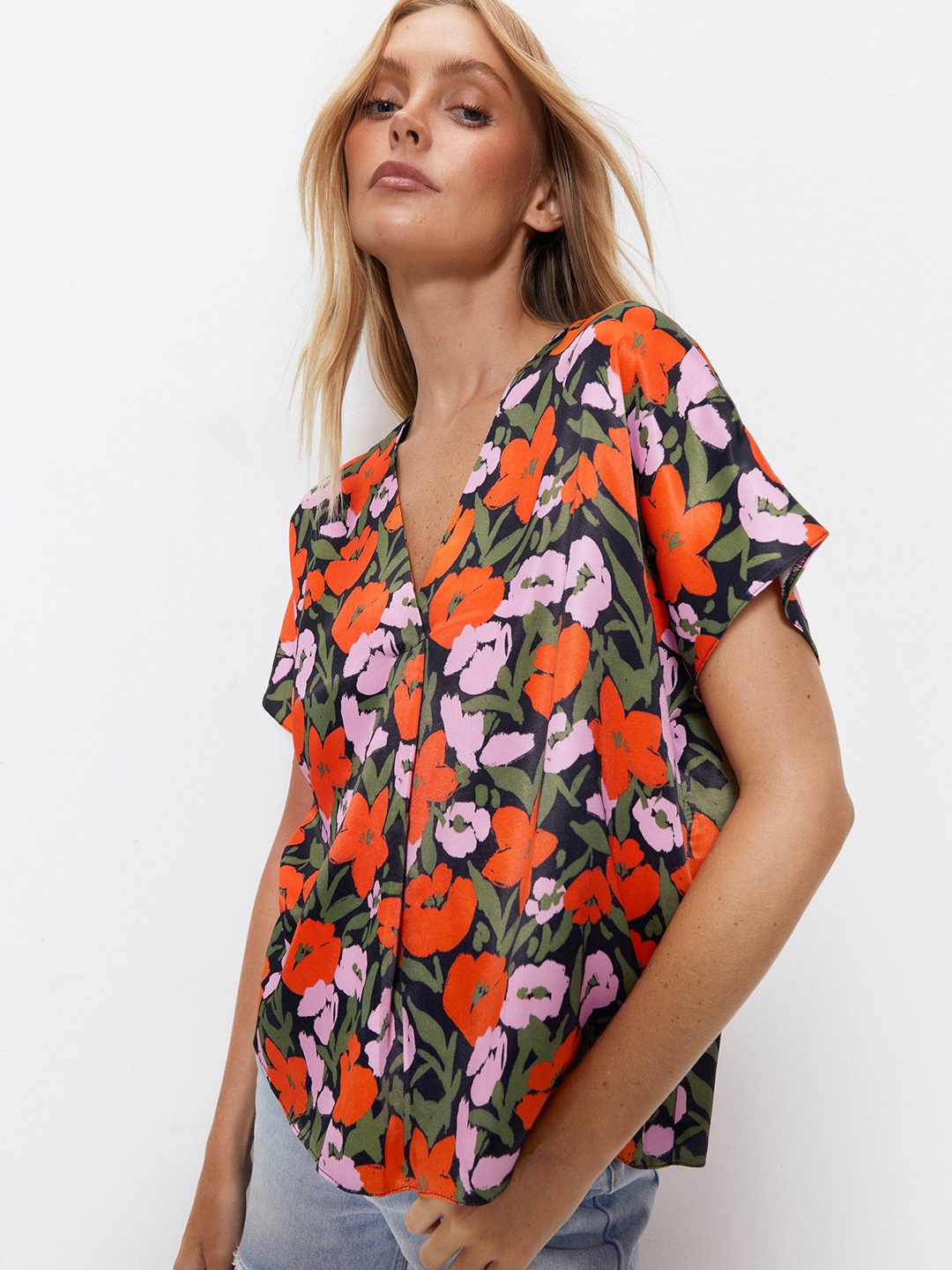 

WAREHOUSE Floral Print Extended Sleeves Top, Green