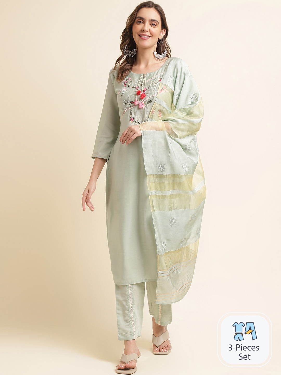 

Ishin Floral Embroidered Beads & Stones Kurta With Trousers & Dupatta, Green