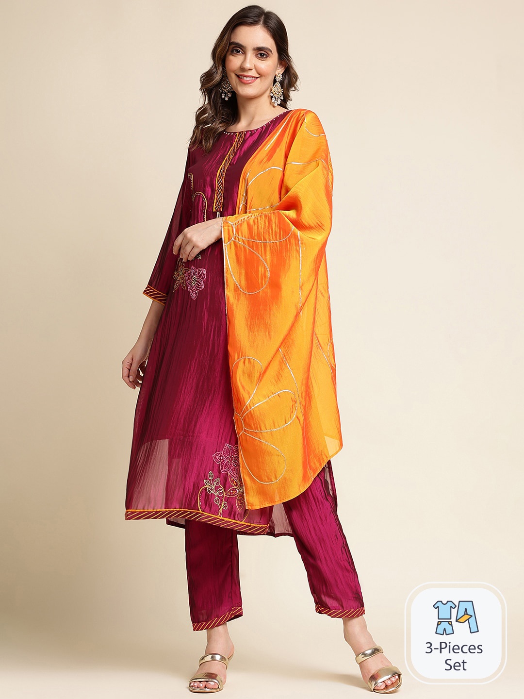 

Ishin Floral Embroidered Regular Kurta With Trousers & Dupatta, Purple