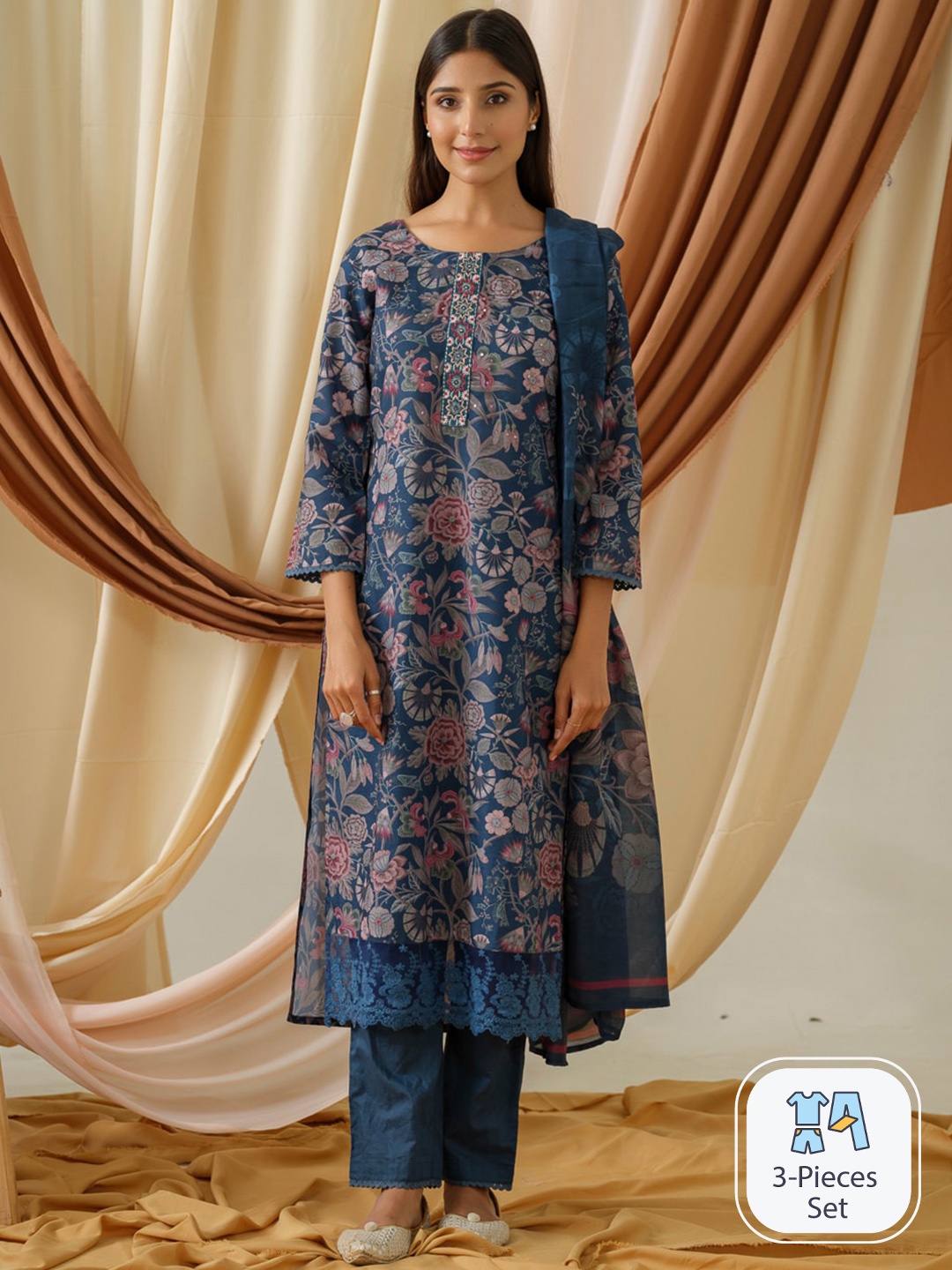 

Ishin Floral Printed Regular Linen Kurta With Trousers & Dupatta, Blue