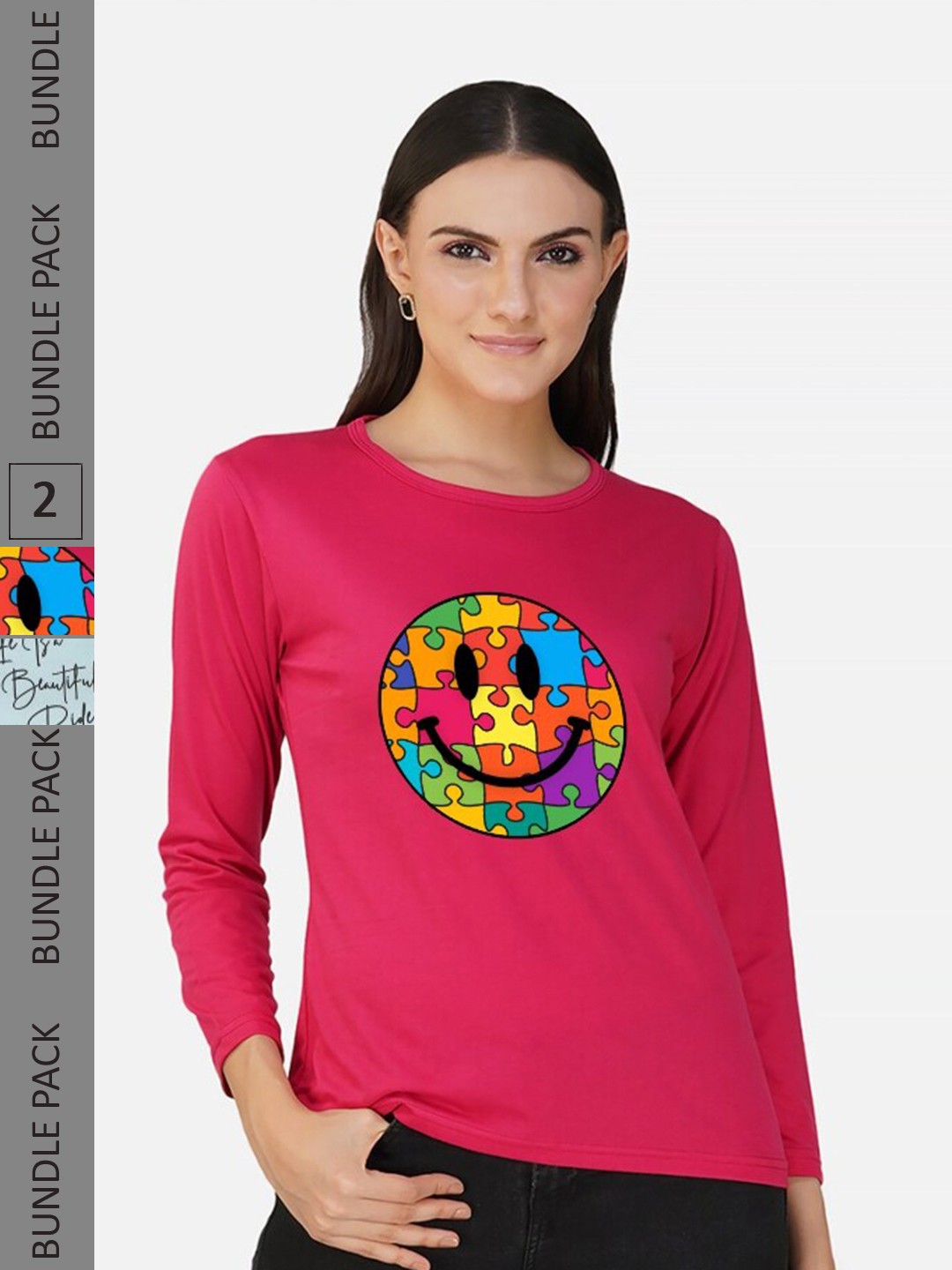 

CHOZI Pack of 2 Graphic Printed Round Neck Long Sleeves Cotton T-Shirt, Pink