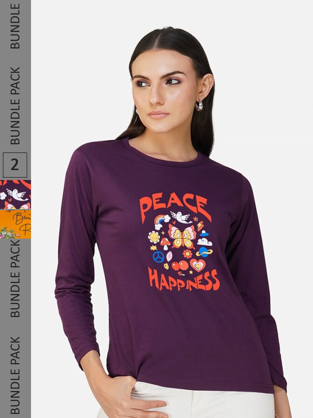 

CHOZI Pack of 2 Graphic Printed Round Neck Long Sleeves Cotton T-Shirt, Purple