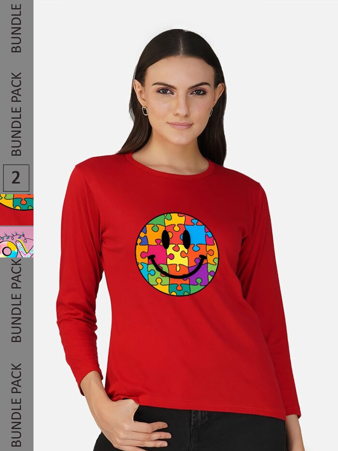 

CHOZI Pack of 2 Graphic Printed Round Neck Long Sleeves Cotton T-Shirt, Red