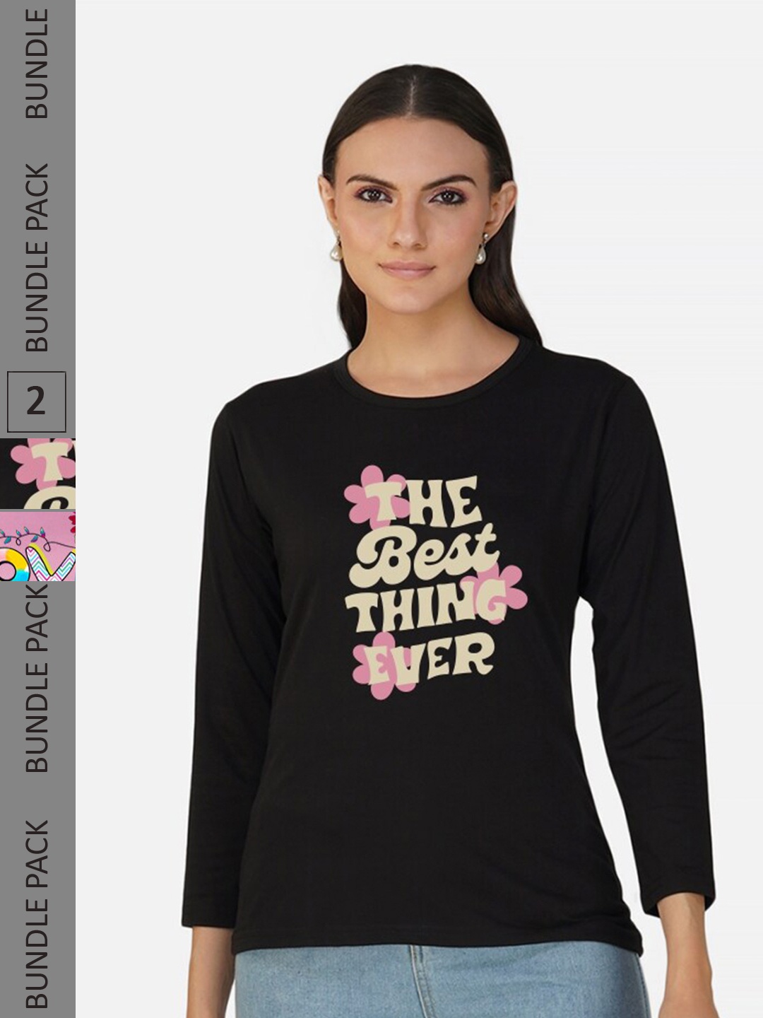 

CHOZI Pack of 2 Typography Printed Round Neck Long Sleeves Cotton T-Shirt, Black