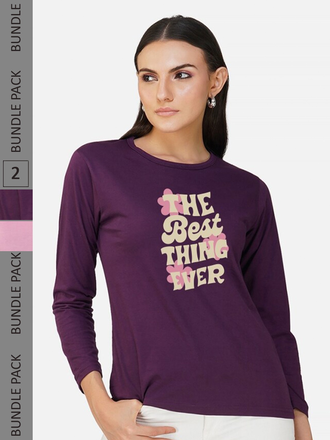 CHOZI Pack Of 2 Typography Printed Cotton T-shirt, Purple