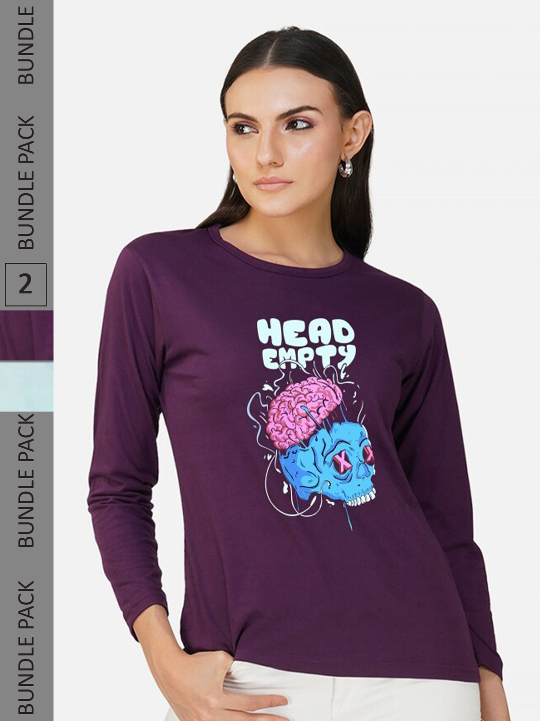 

CHOZI Pack of 2 Graphic Printed Round Neck Long Sleeves Cotton T-Shirt, Purple
