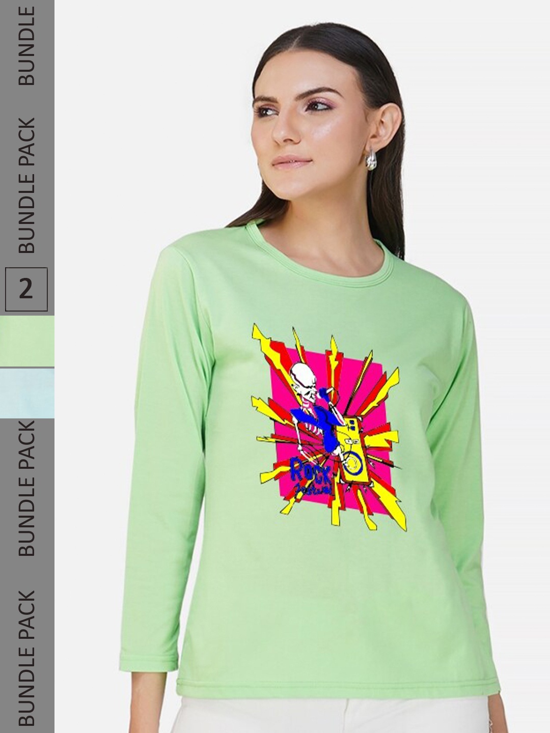 

CHOZI Pack Of 2 Printed Round Neck Cotton T-shirt, Lime green