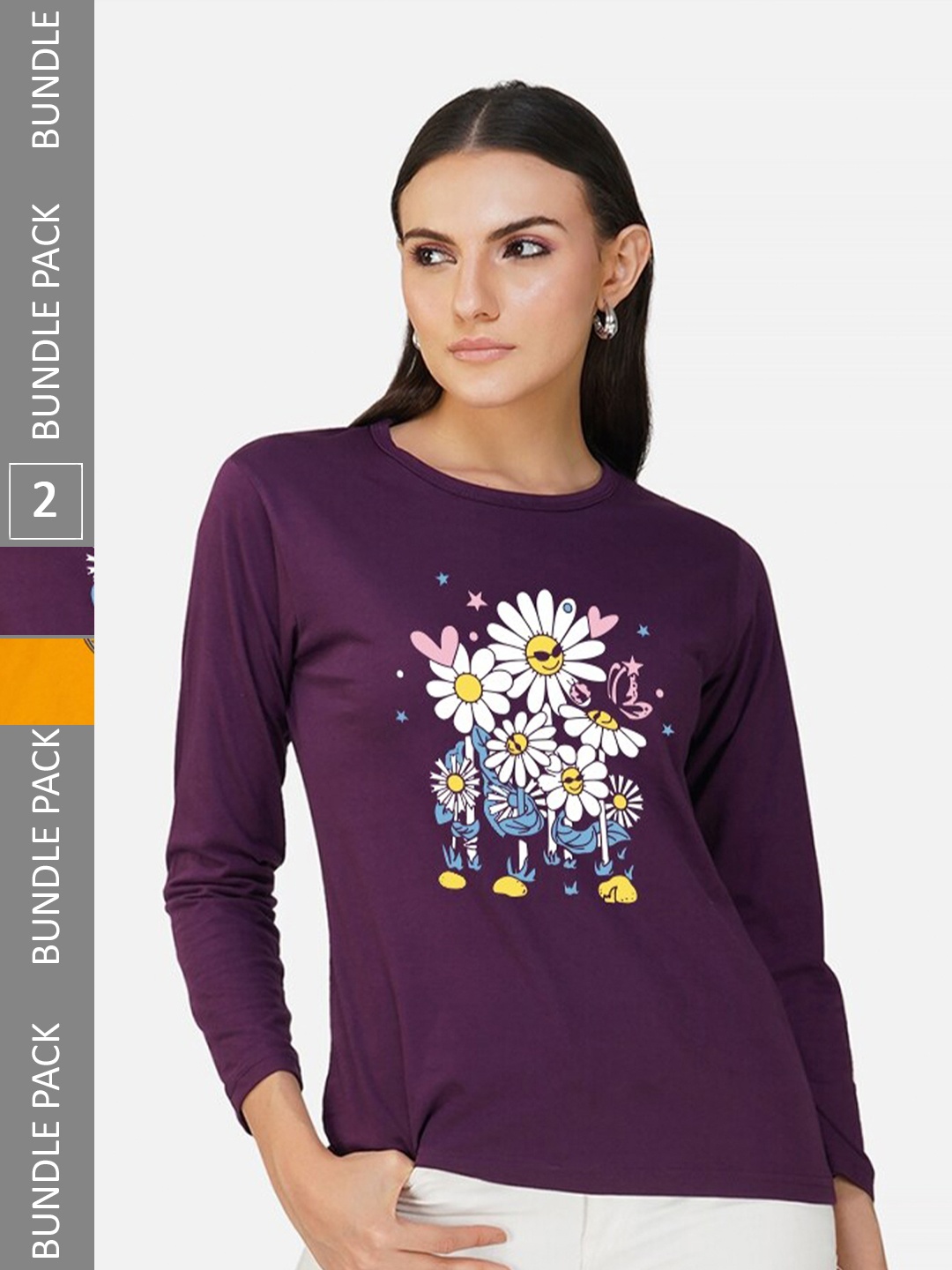 

CHOZI Pack of 2 Graphic Printed Round Neck Long Sleeves Cotton T-Shirt, Purple