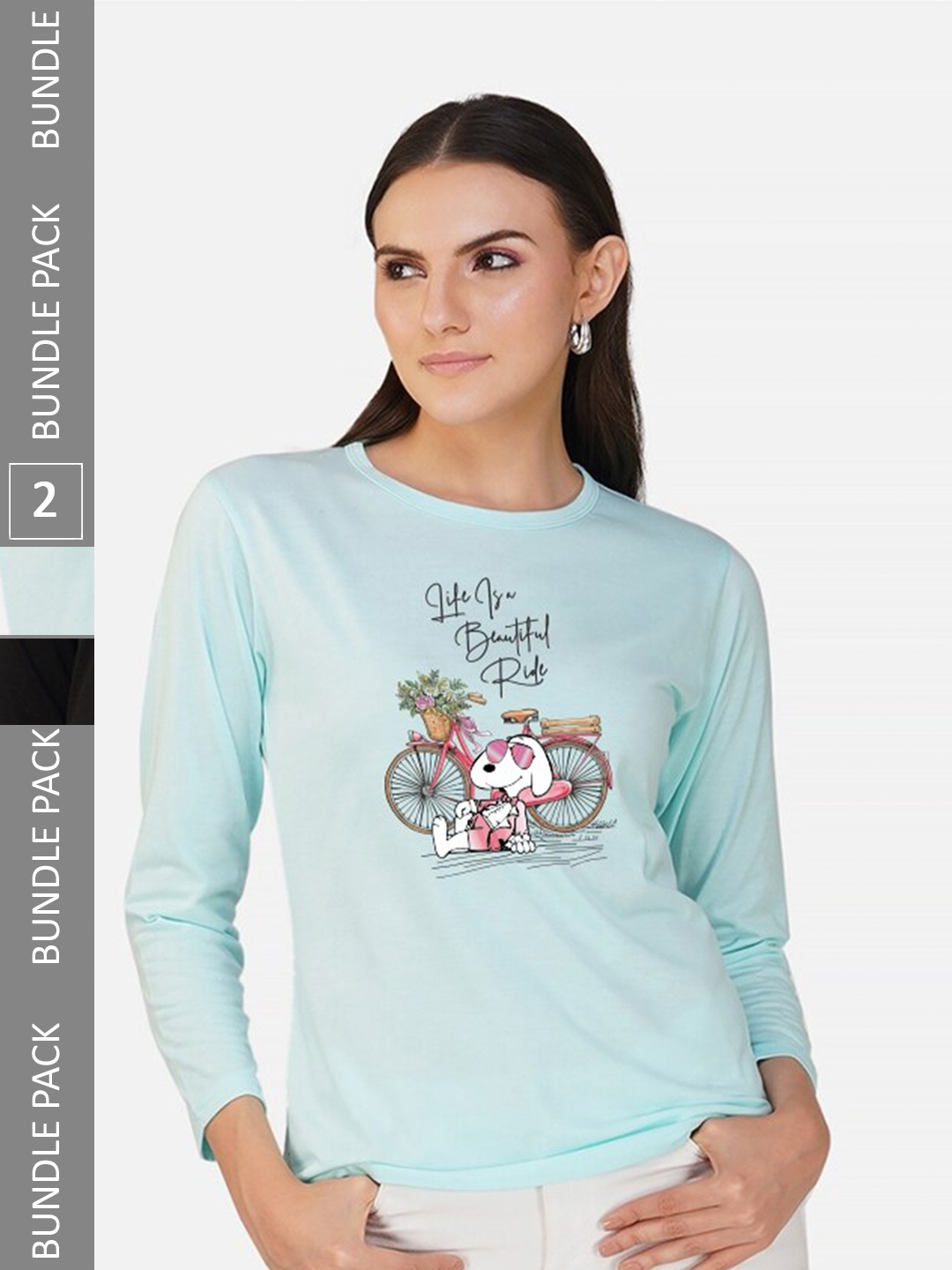 

CHOZI Pack of 2 Graphic Printed Round Neck Long Sleeves Cotton T-Shirt, Black