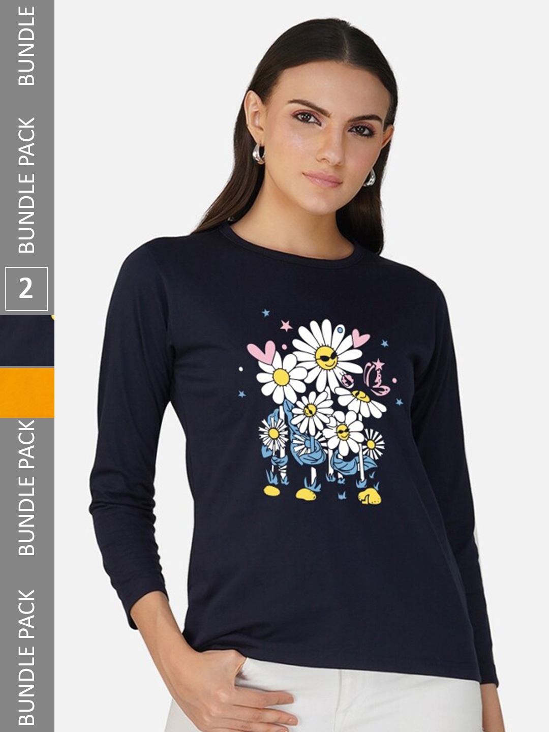 CHOZI Pack Of 2 Floral Printed Cotton T-shirt, Navy blue