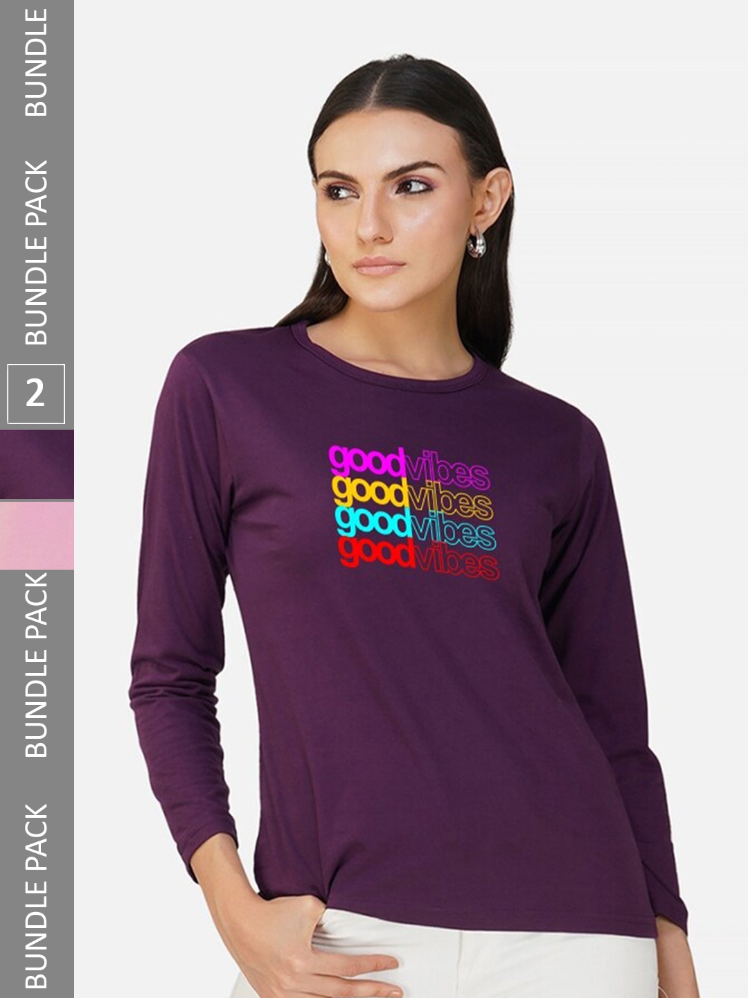 

CHOZI Pack of 2 Typography Printed Round Neck Cotton T-shirt, Purple