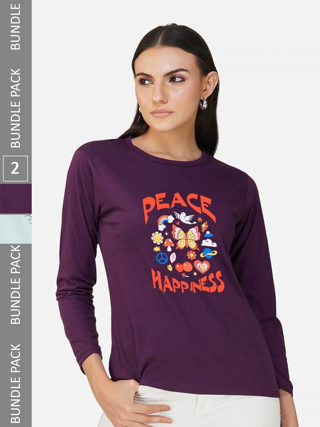 

CHOZI Pack Of 2 Graphic Printed Cotton T-shirt, Purple