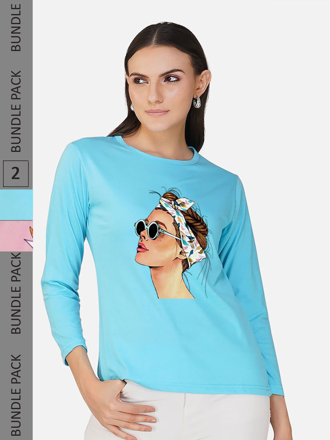 

CHOZI Pack Of 2 Printed Round Neck Regular Fit Pure Cotton Casual T-shirt, Turquoise blue