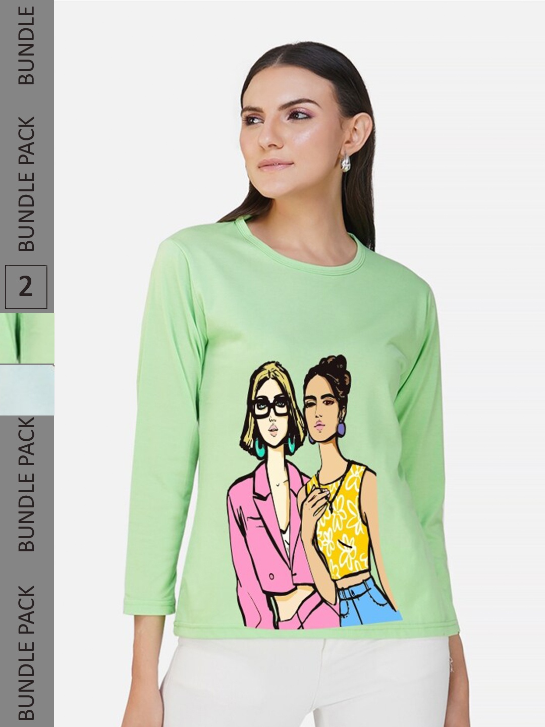 

CHOZI Pack of 2 Graphic Printed Round Neck Long Sleeves Cotton T-Shirt, Lime green