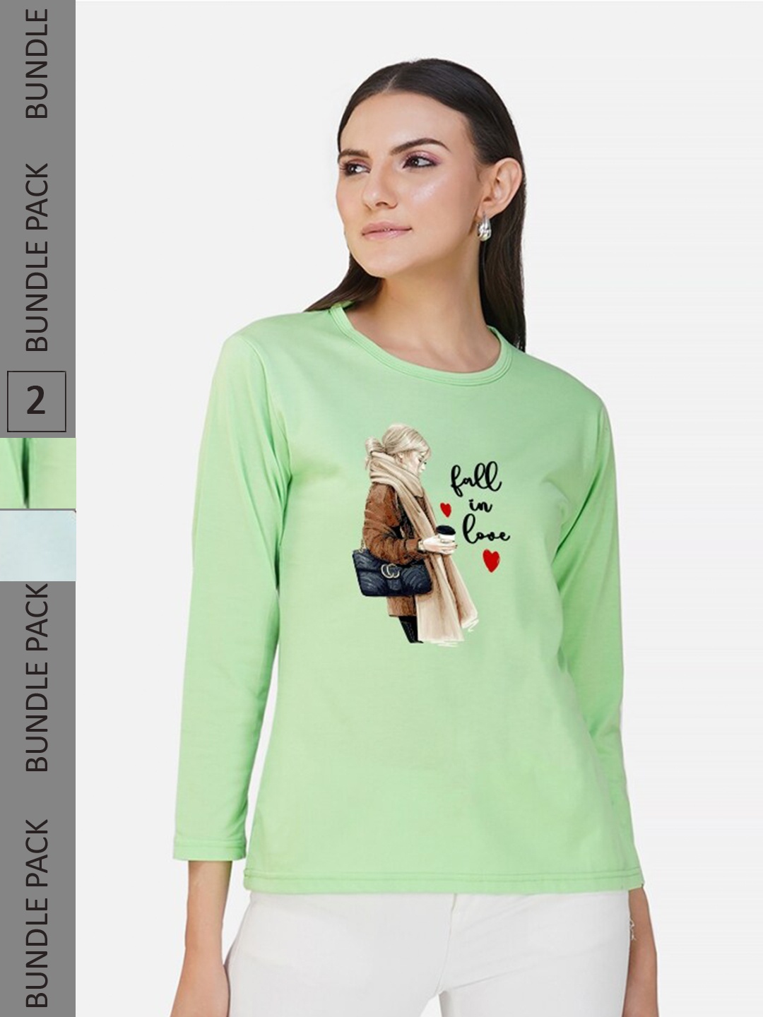 

CHOZI Pack of 2 Graphic Printed Round Neck Long Sleeves Cotton T-Shirt, Lime green