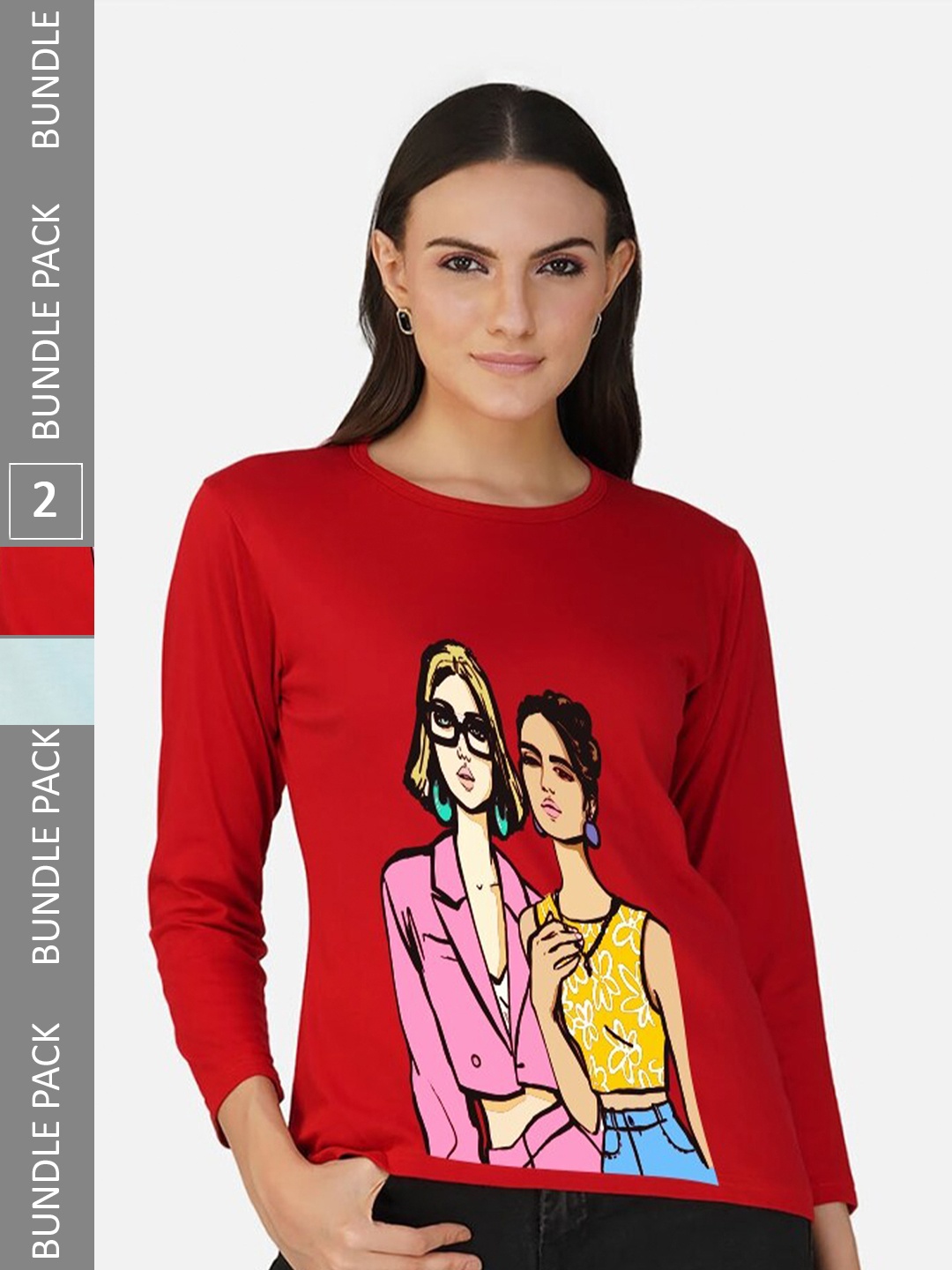 

CHOZI Pack of 2 Graphic Printed Round Neck Long Sleeves Cotton T-Shirt, Red