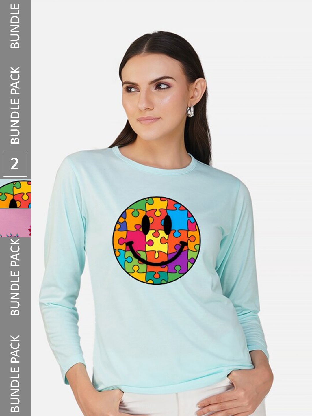 

CHOZI Pack of 2 Graphic Printed Round Neck Long Sleeves Cotton T-Shirt, Turquoise blue