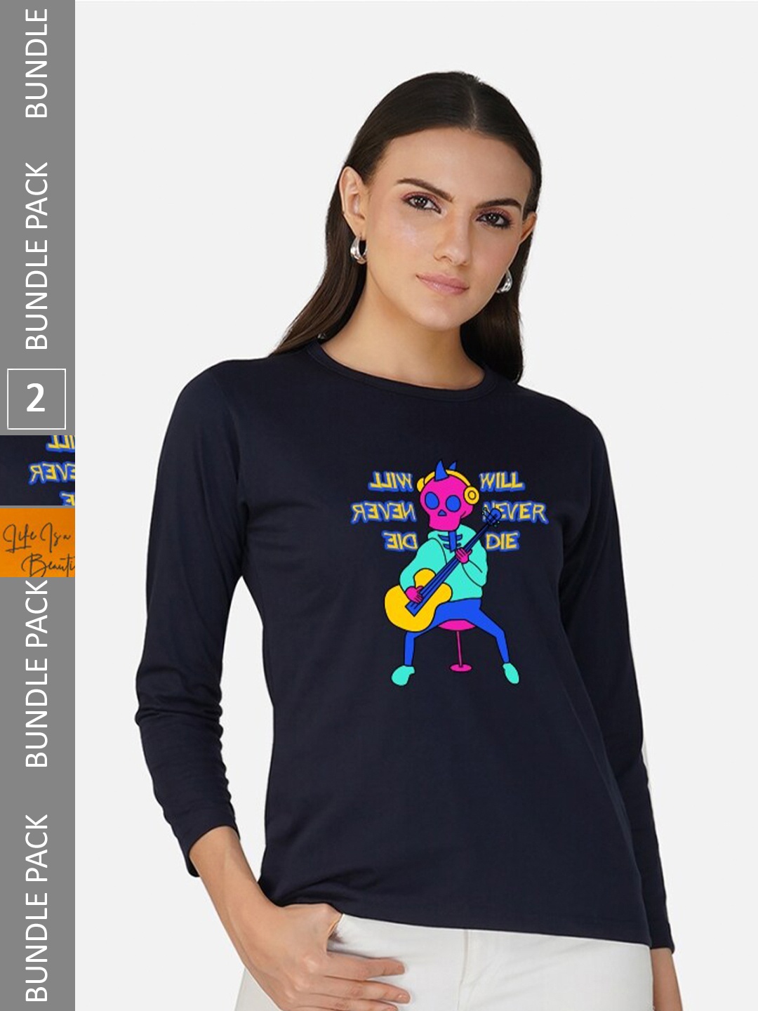 

CHOZI Pack Of 2 Printed Round Neck Regular Fit Pure Cotton Casual T-shirt, Navy blue