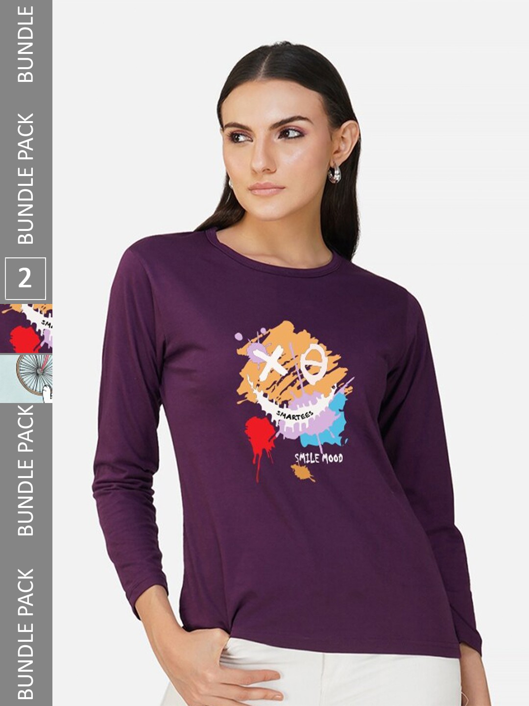 

CHOZI Pack of 2 Graphic Printed Round Neck Long Sleeves Cotton T-Shirt, Purple