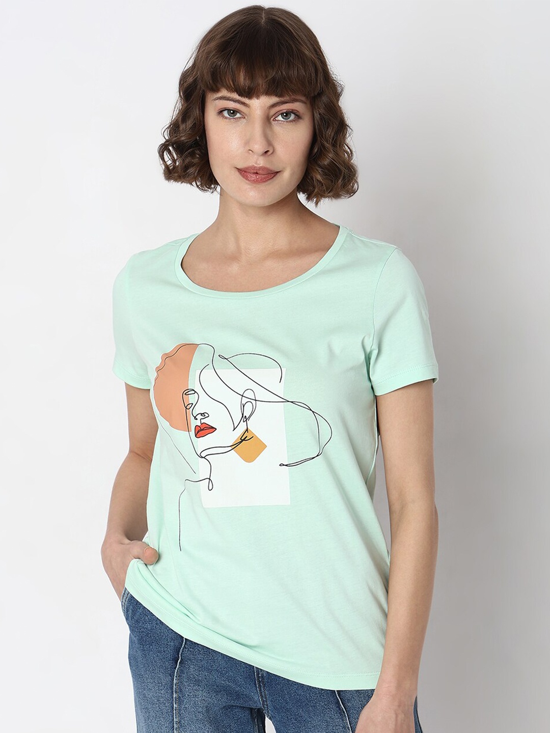 

Vero Moda Graphic Printed Pure Cotton Longline T-shirt, Green