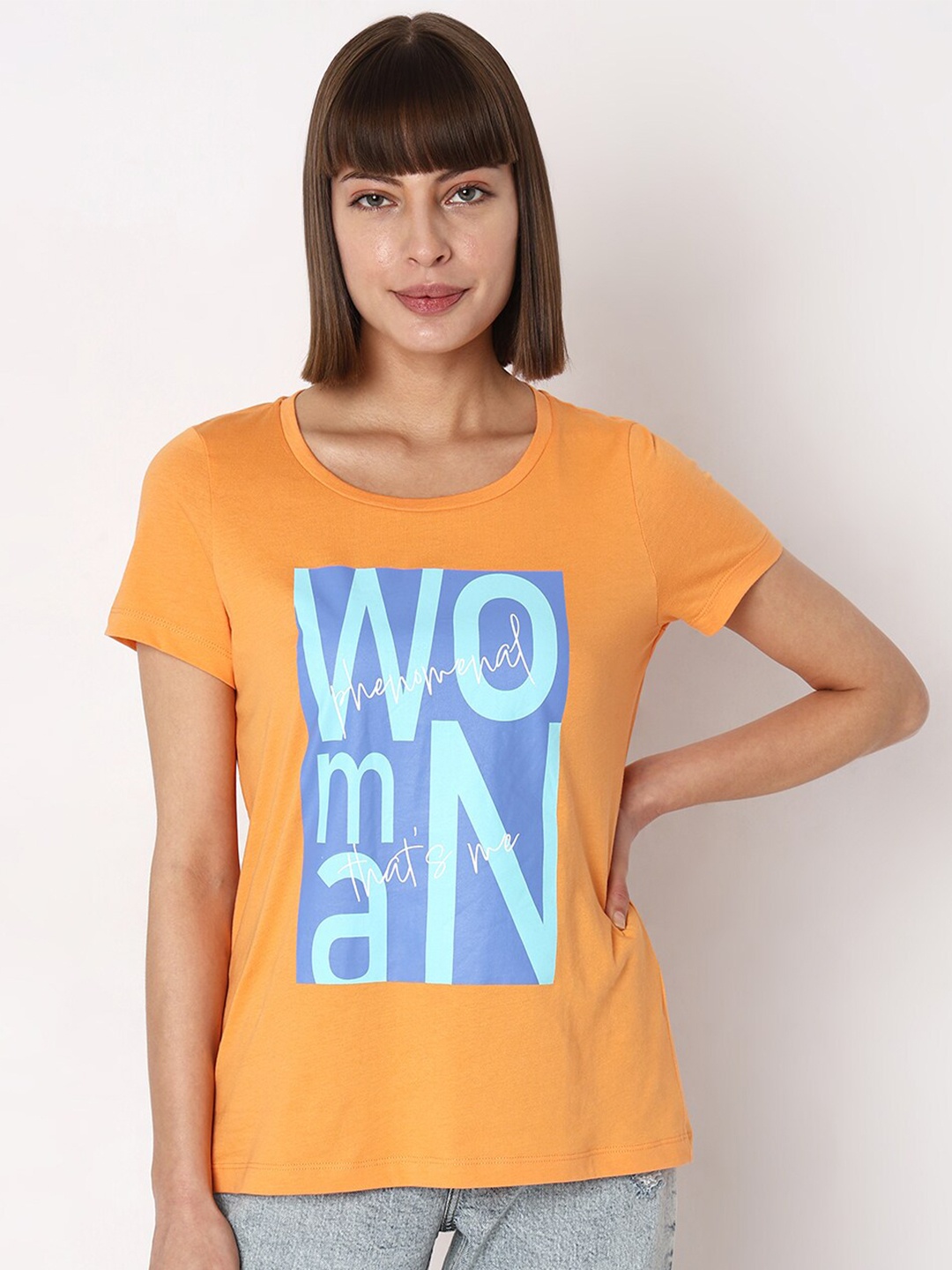 Vero Moda Typography Printed Pure Cotton T-shirt, Orange