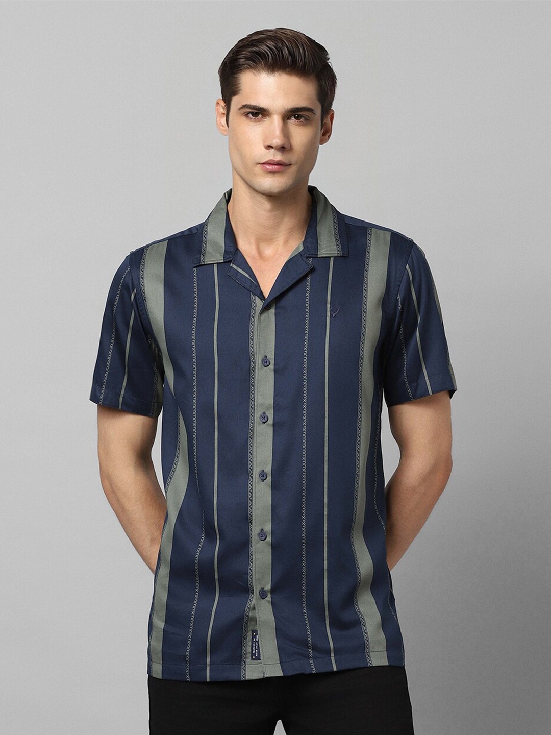 

Allen Solly Vertical Striped Cuban Collar Casual Shirt, Navy blue