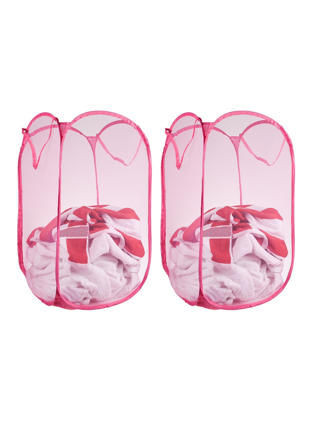 

Kuber Industries 2 Pc Pink Nylon Net Lightweight & Foldable Laundry Baskets With Handle