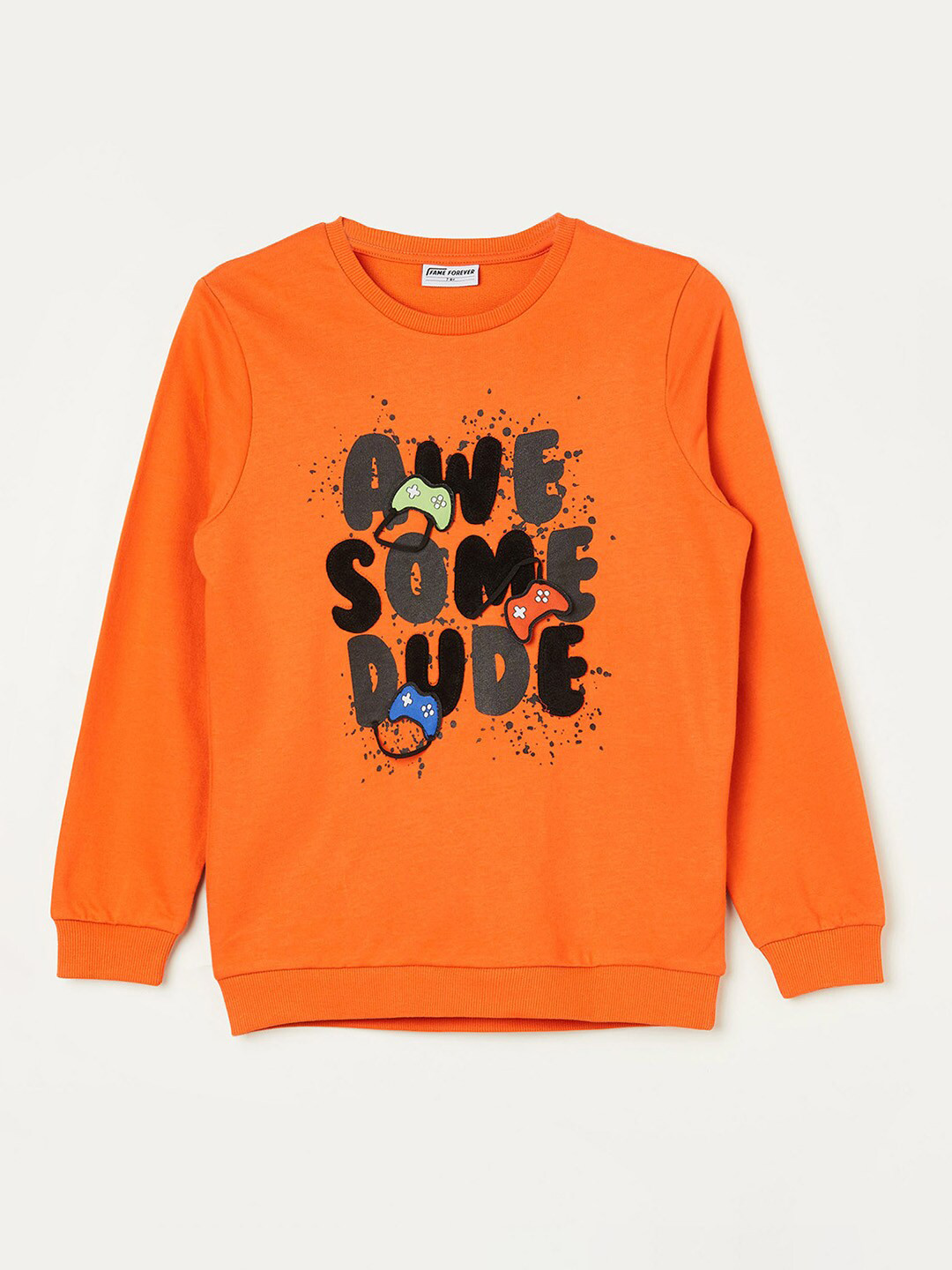 

Fame Forever by Lifestyle Boys Typography Printed Pure Cotton Pullover Sweatshirt, Orange