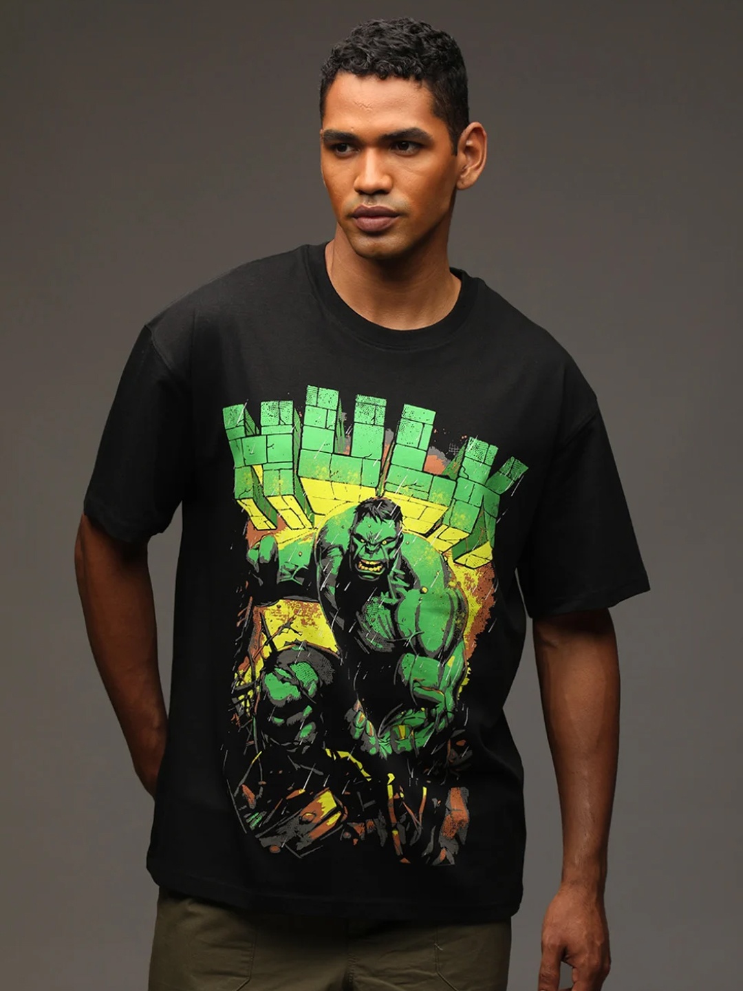 

Bonkers Corner Black Hulk Printed Drop-Shoulder Sleeves Cotton Oversized T-shirt