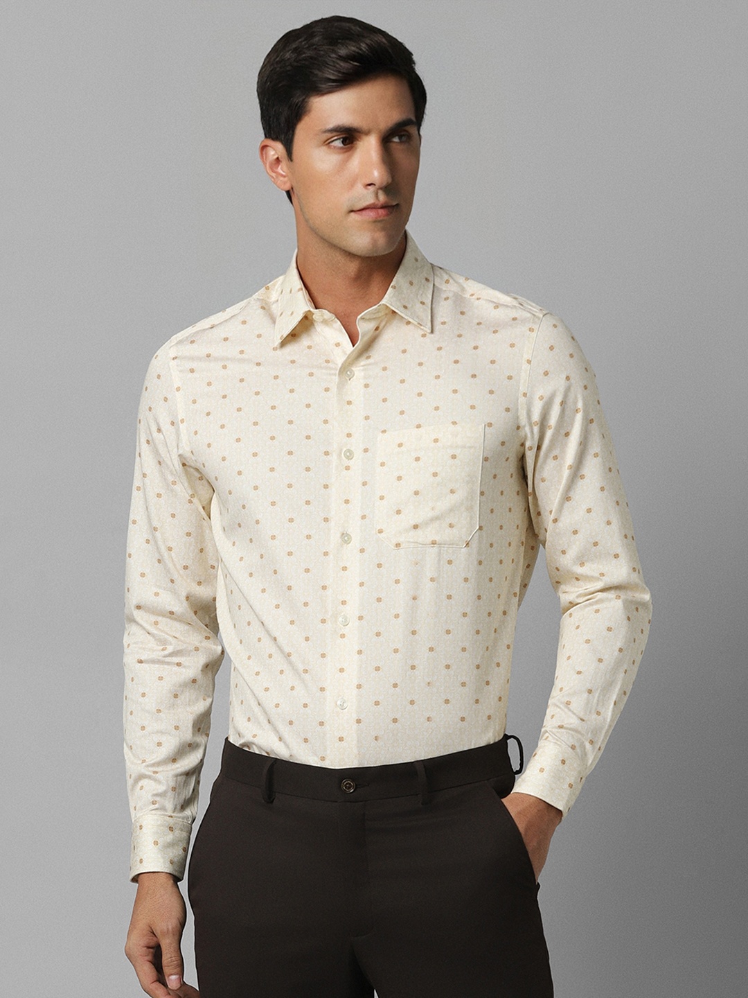 Louis Philippe Floral Printed Spread Collar Cotton Formal Shirt, Cream