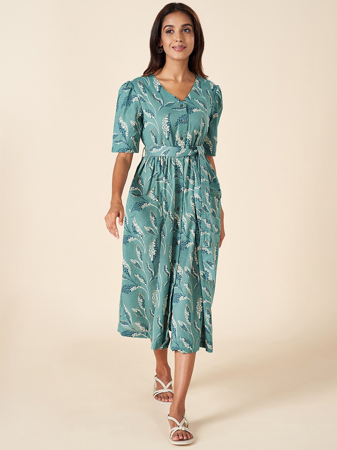 

AKKRITI BY PANTALOONS Floral Printed Belt Detailed Puff Sleeves Cotton Shirt Style Dress, Teal