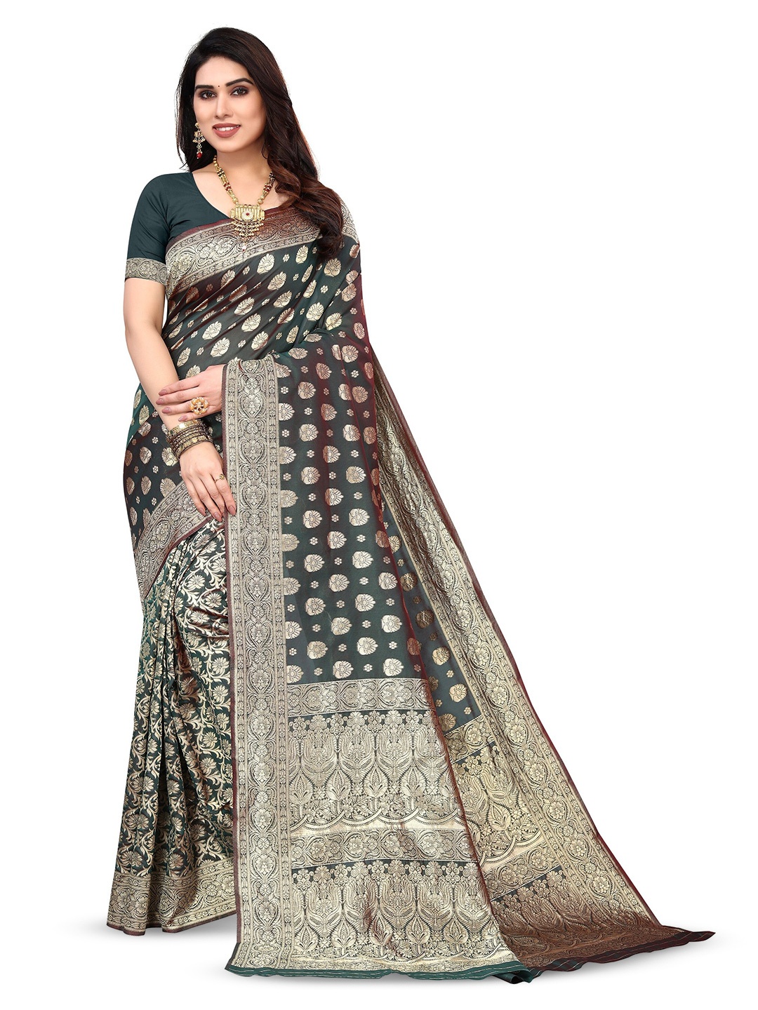 

Varanga Ethnic Motifs Woven Design Zari Banarasi Saree, Green