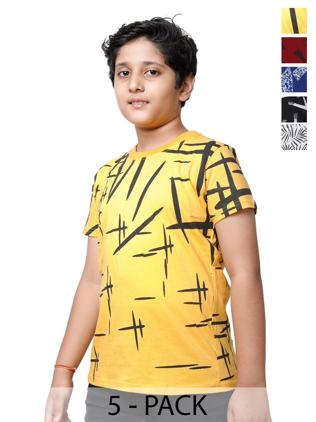 

BAESD Boys Pack of 5 Printed Round Neck Pure Cotton T-shirts, Yellow