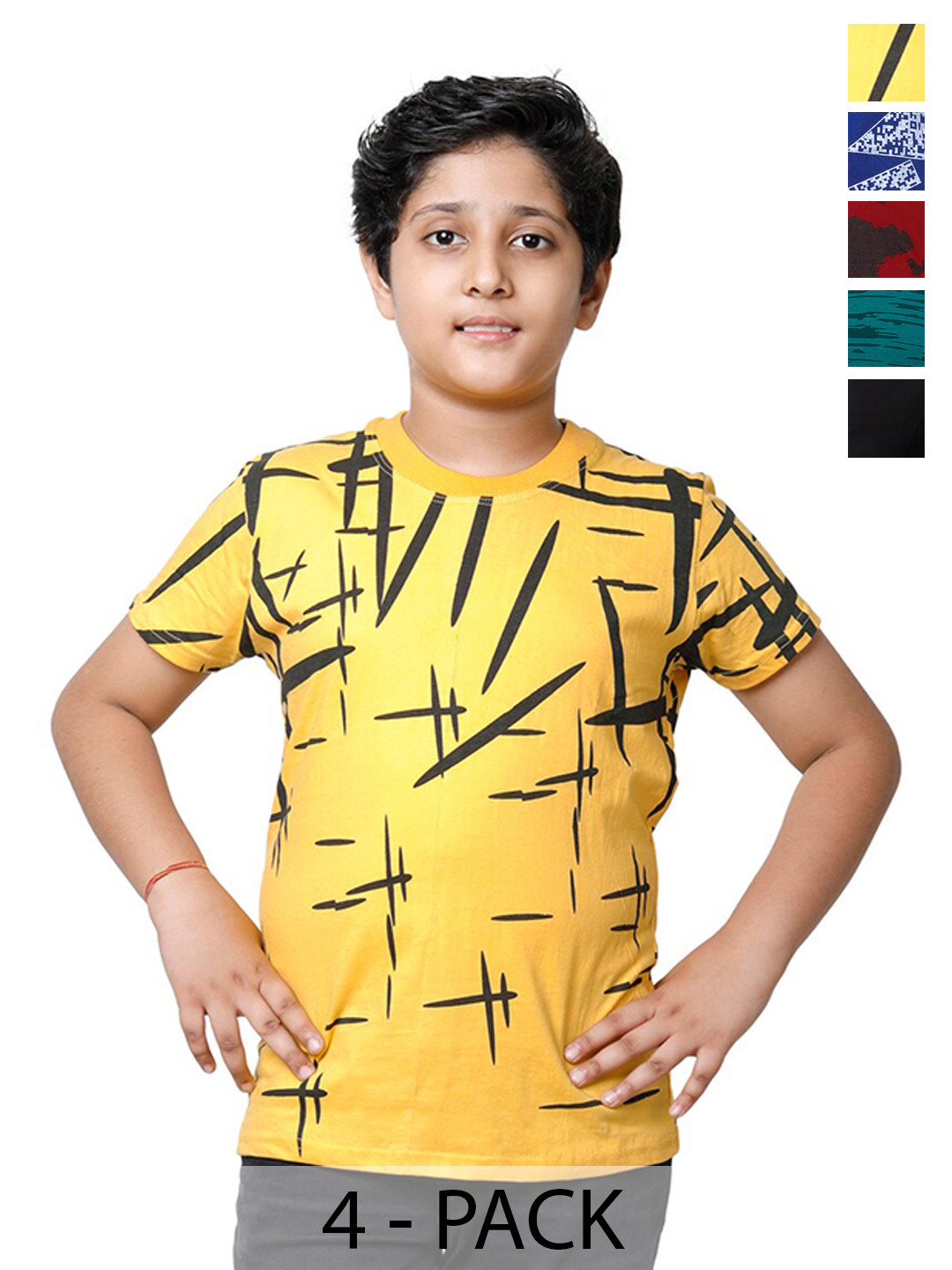 

BAESD Boys Pack of 4 Printed Round Neck Pure Cotton T-shirts, Yellow