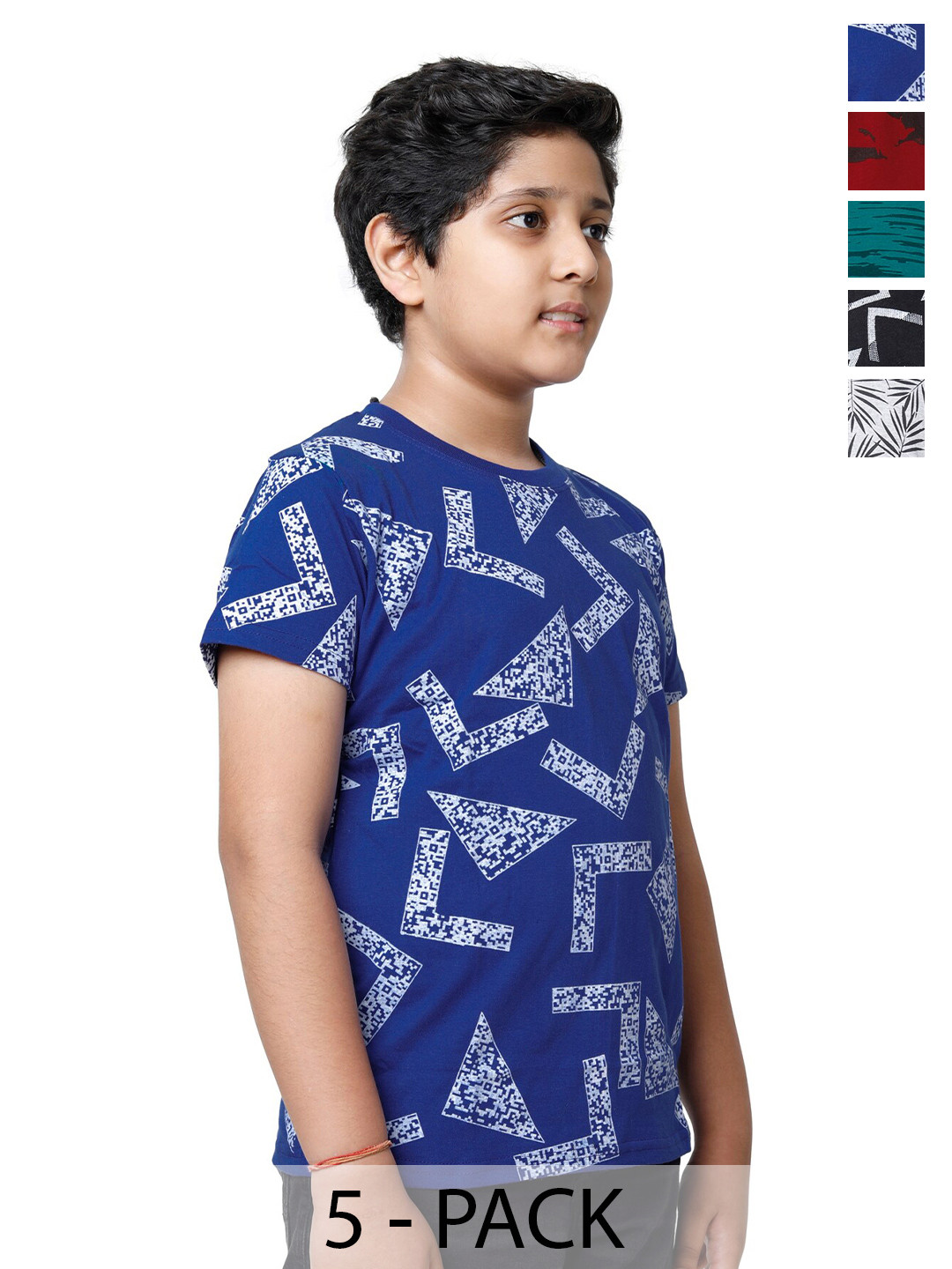 

BAESD Boys Pack of 5 Printed Round Neck Pure Cotton T-shirts, Blue