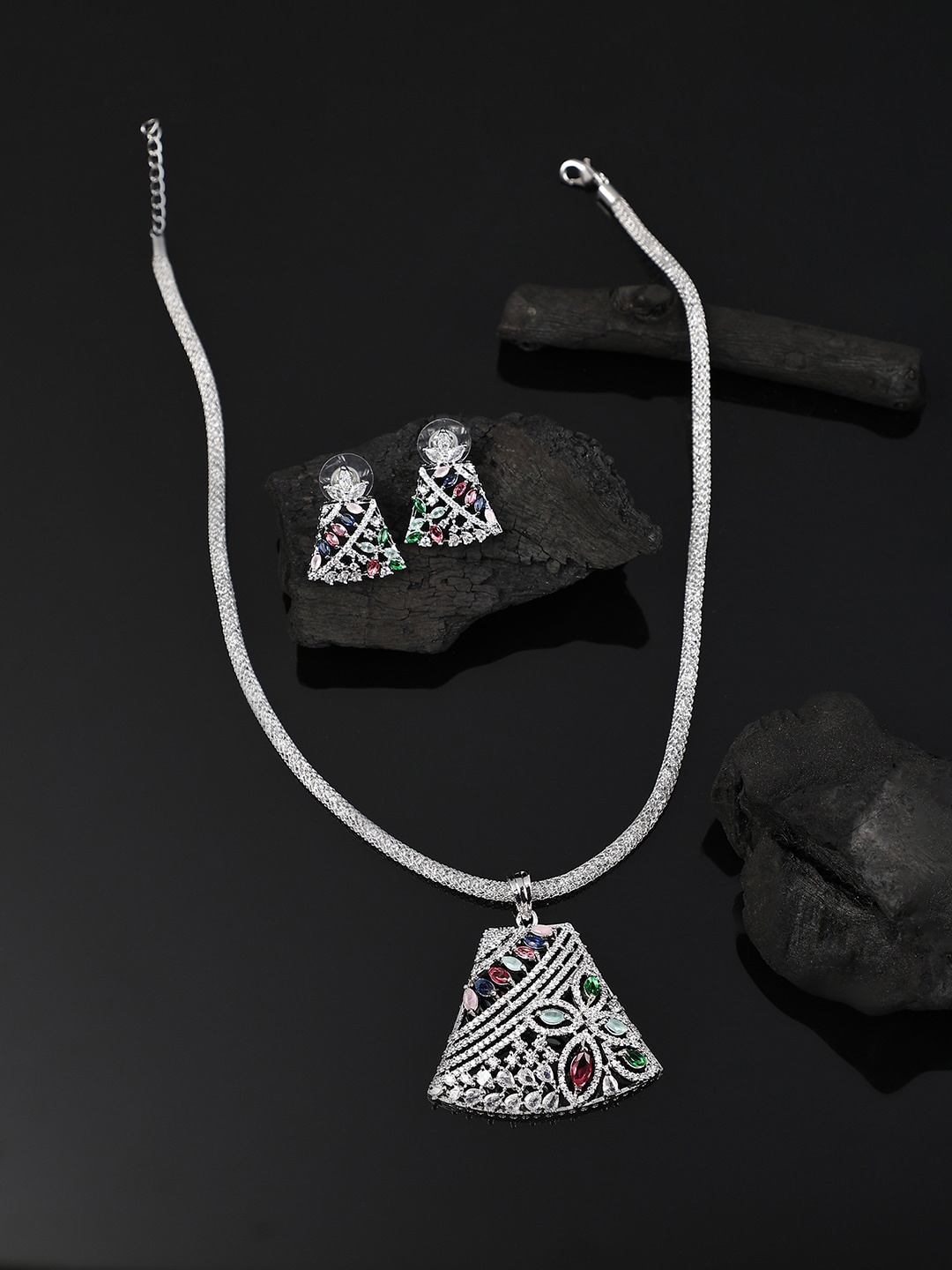

Bhana Fashion Silver-Plated American Diamond-Studded Jewellery Set