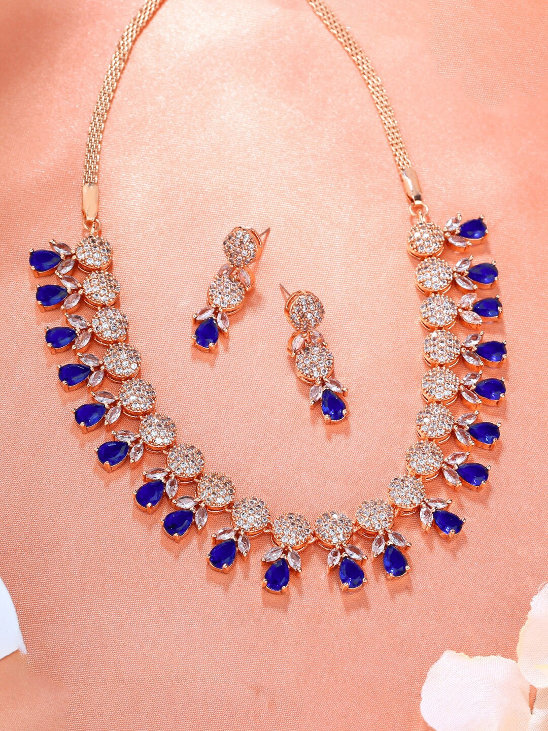 

Estele Rose Gold Plated CZ Attractive Necklace Set with Blue Crystals for Women