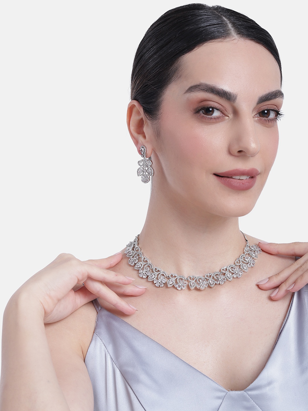 

Estele Rhodium Plated CZ Fascinating Necklace Set, Silver