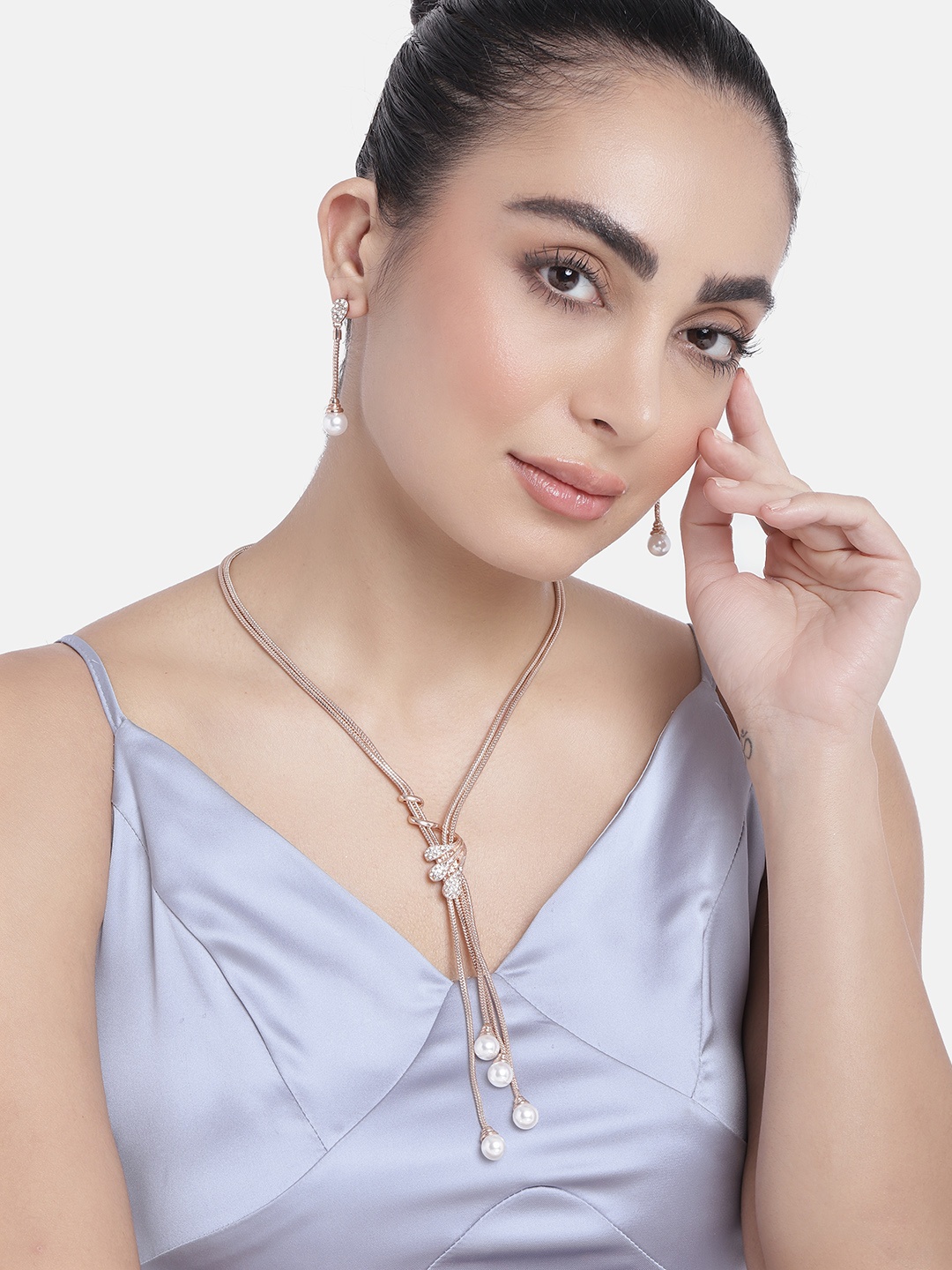 

Estele Rose Gold Plated Trendy Tassel Necklace Set with Crystals & Pearls for Women