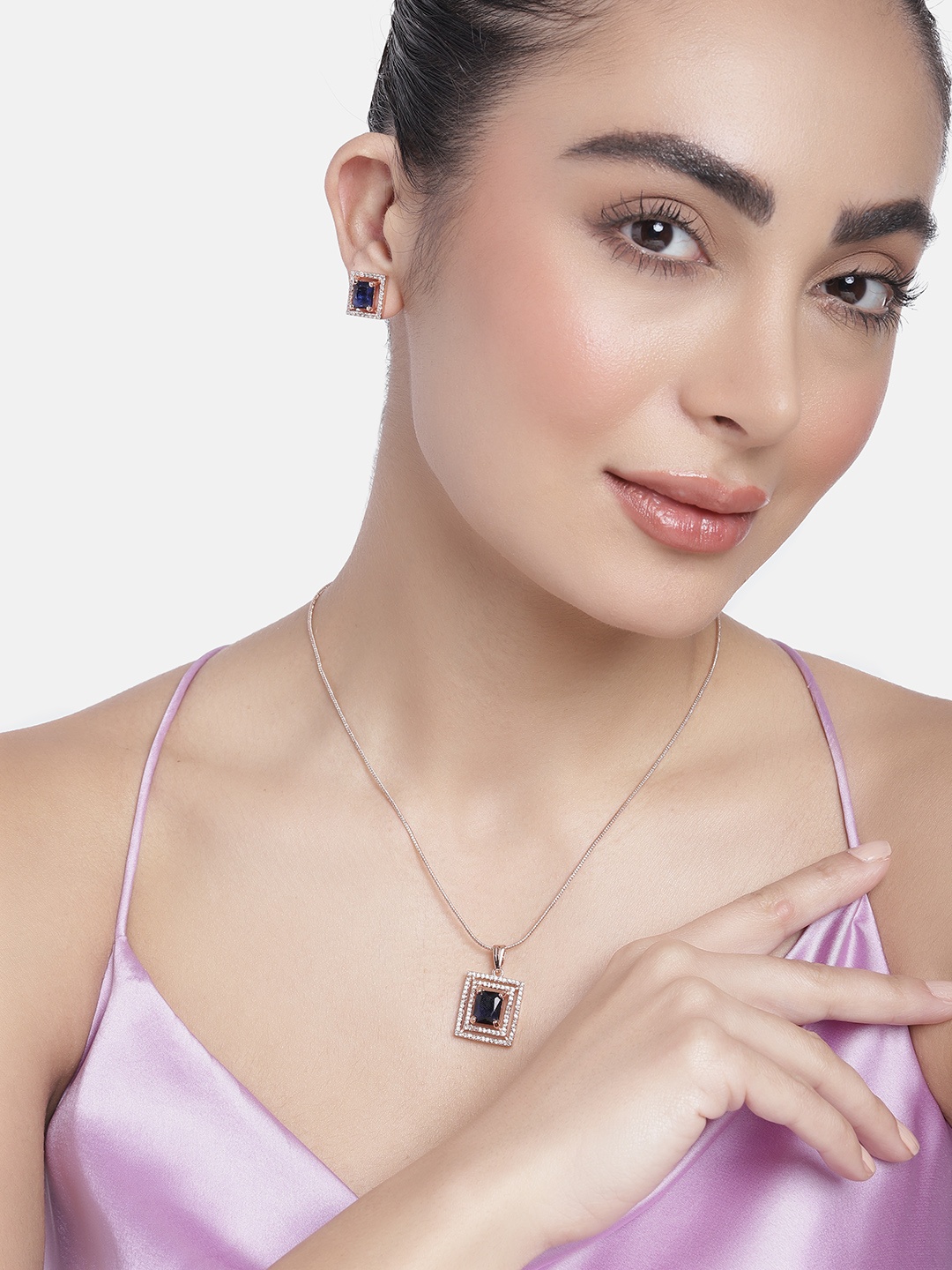 Estele Rose Gold Plated CZ Square Designer Pendant Set with Blue Crystals