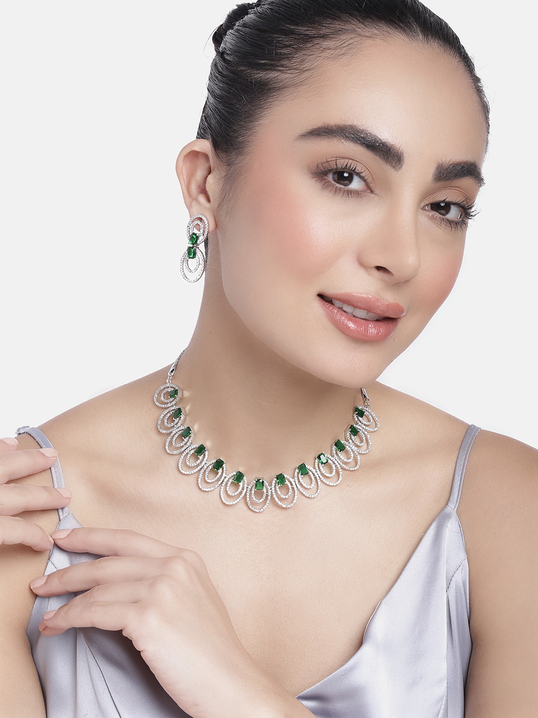 

Estele Rhodium Plated CZ Circular Designer Necklace Set with Green Crystals