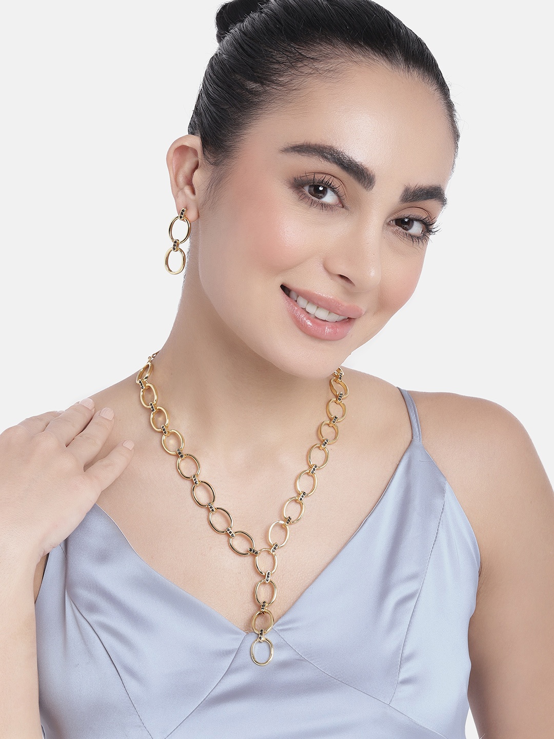 

Estele Gold Plated Elliptical Shaped Necklace Set with Black Crystals for Women