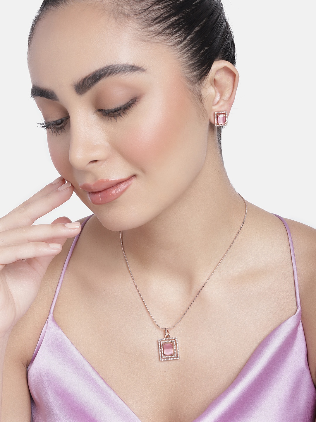 

Estele Rose Plated CZ Attractive Square Shaped Pendant Set with Mint Pink Stones for Women, Multi