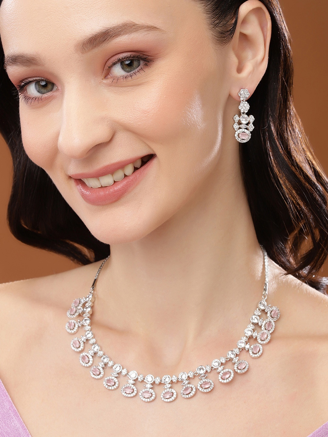 

Estele Rhodium Plated CZ Shimmering Necklace Set with Mint Pink Crystals, Silver