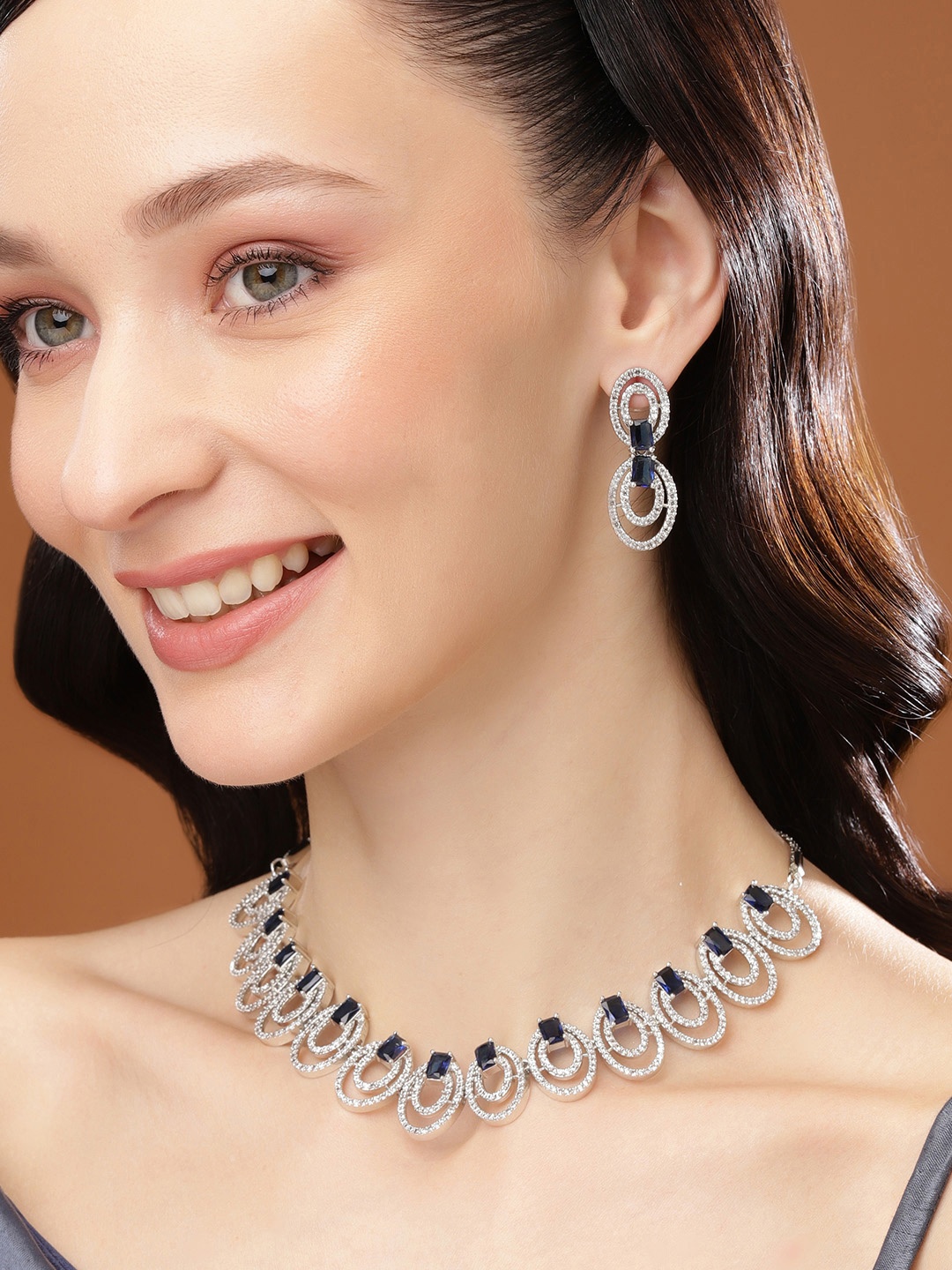 

Estele Rhodium-Plated Cubic Zirconia Studded Jewellery Set, Silver