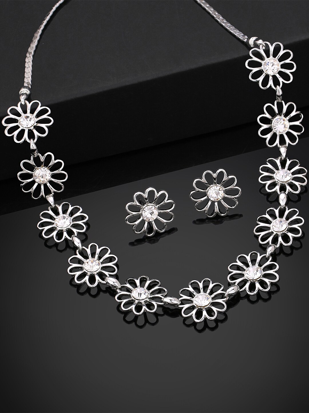 

Estele Rhodium Plated Flower Designer Necklace Set with Crystals, Silver