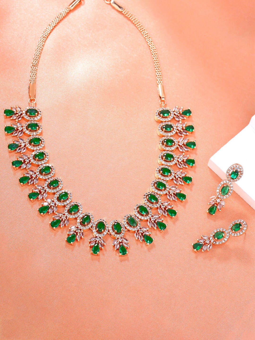 

Estele Rose Gold Plated CZ Fascinating Necklace Set with Green Crystals for Women