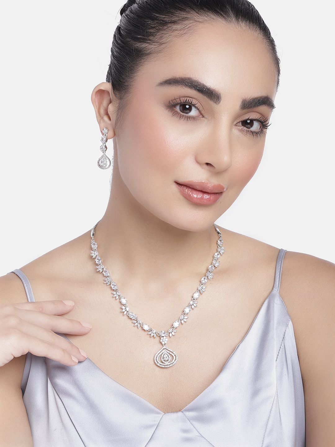 

Estele Rhodium Plated CZ Sparkling Drop Designer Necklace Set, Silver