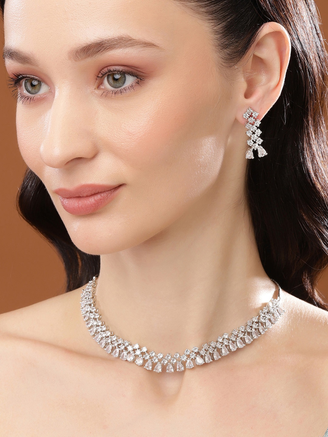 

Estele Rhodium Plated CZ Shimmering Necklace Set, Silver