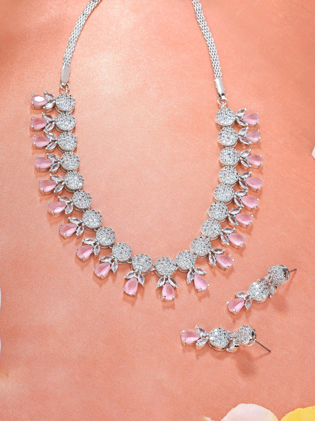 

Estele Rhodium Plated CZ Sparkling Necklace Set with Mint Pink Crystals, Silver